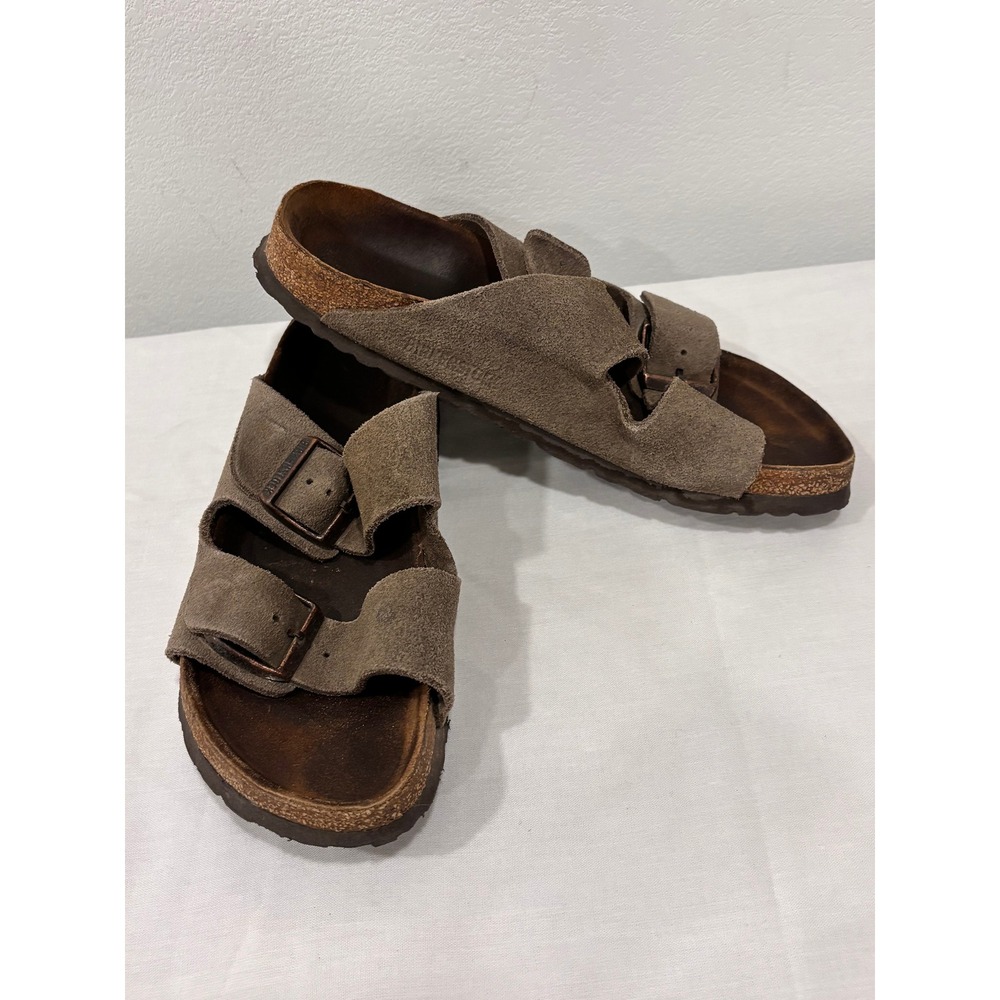 Birkenstock Arizona Suede Leather Sandals Brown Taupe Two Strap Buckle Slides